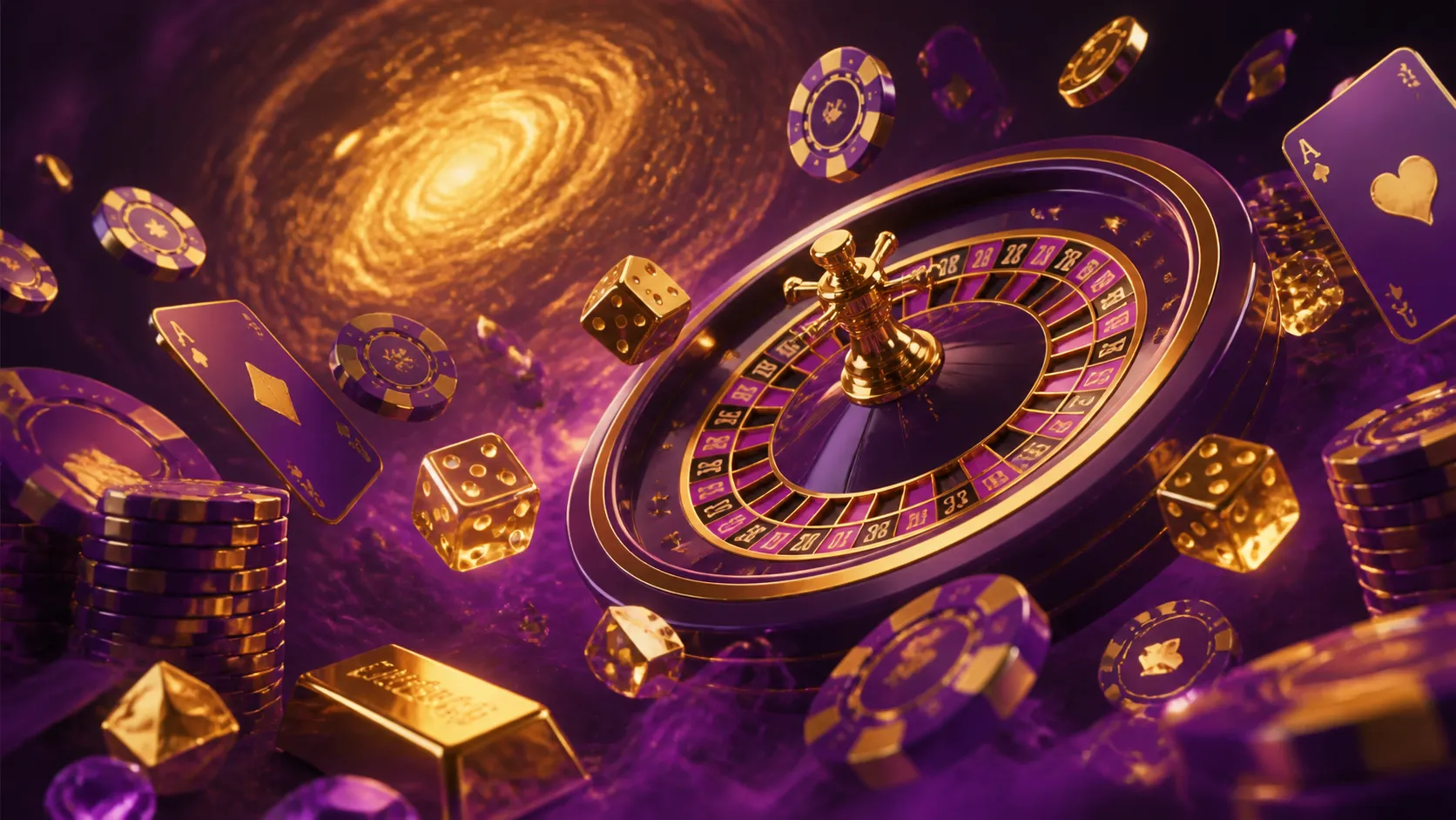 Opulent casino scene with glowing poker chips, radiant playing cards floating, and a sparkling roulette wheel, all in a two-c