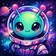 A vibrant and expressive cartoon avatar depicting a smiling character with bright blue hair and colorful accessories.
